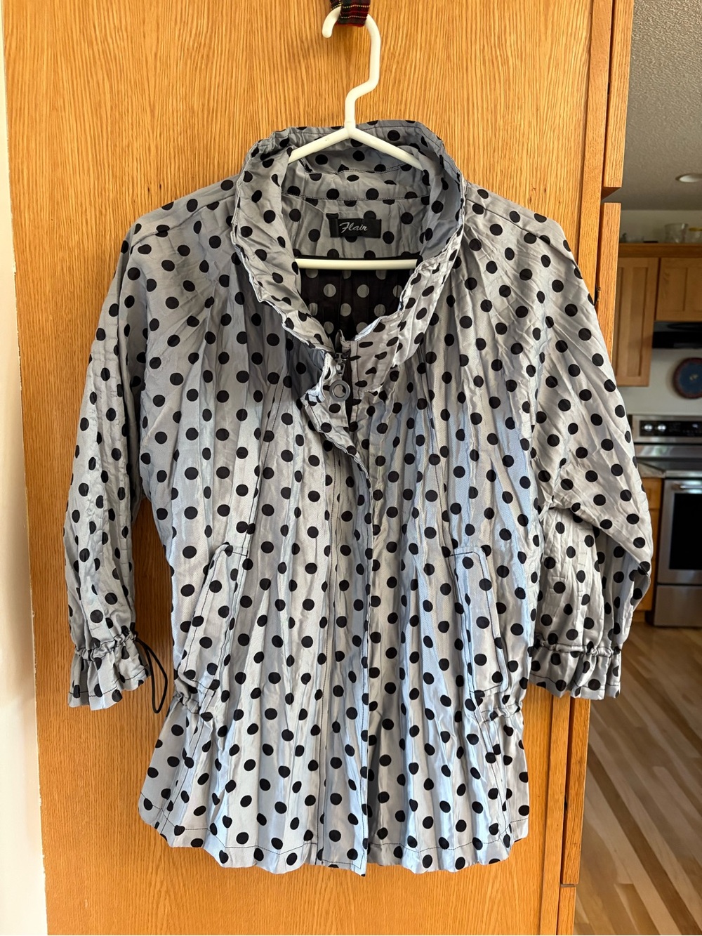 Vintage Light Gray Trench Coat with Black Polka Dots